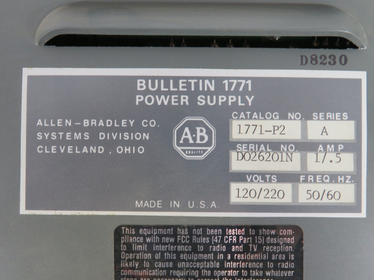 Allen-Bradley 1771-P2 Power Supply SER A 75VA 120/220V 1/0.5A 50/60Hz USED