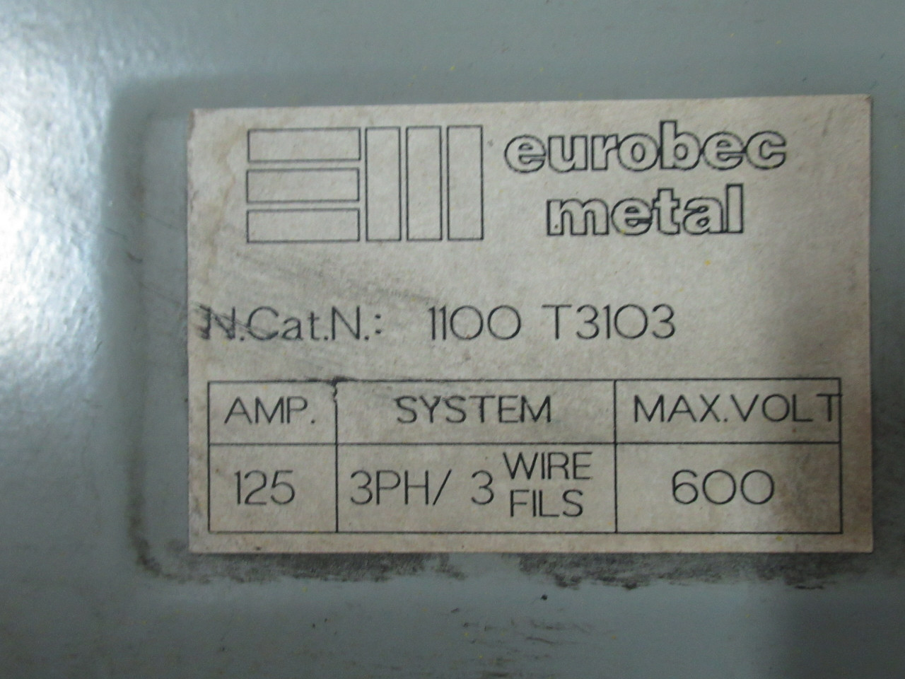 Eurobec Metal 1100-T3103 Splitter Trough 125A 600V 3Ph 3W USED