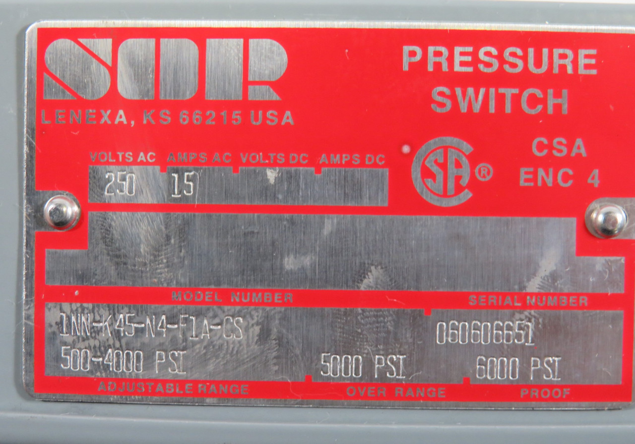 SOR 1NN-K45-N4-F1A-CS Pressure Switch Adjust. 500-4000 psi ! NOP !