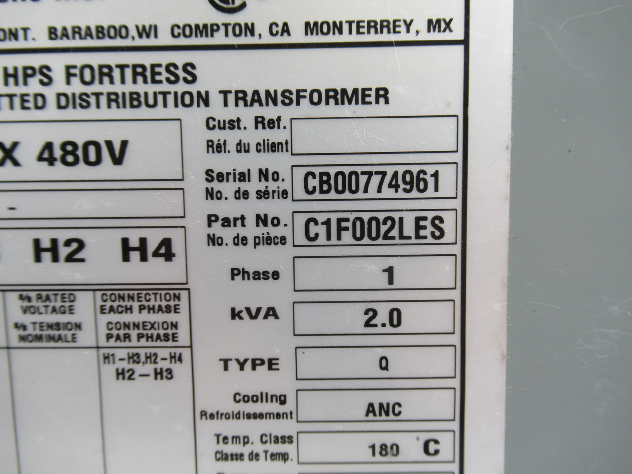 Hammond C1F002LES Wall Mount Transformer 2kVA Pri 240Vx480V Sec 120/240V ! NEW !