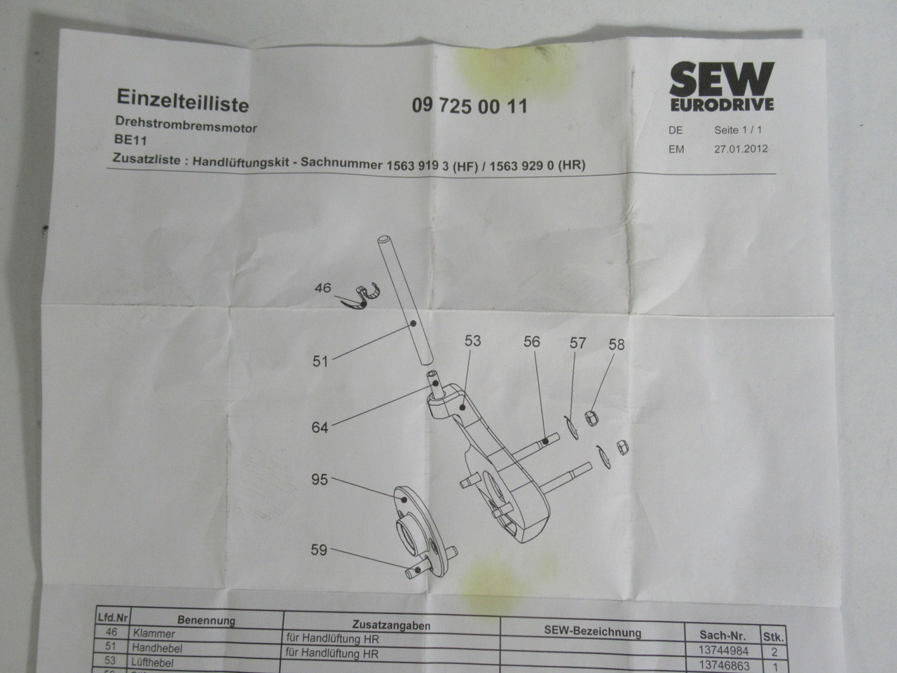 SEW 15639290 Manual Damper Kit BE11 HR MISSING TWO PIECES ! NOP !