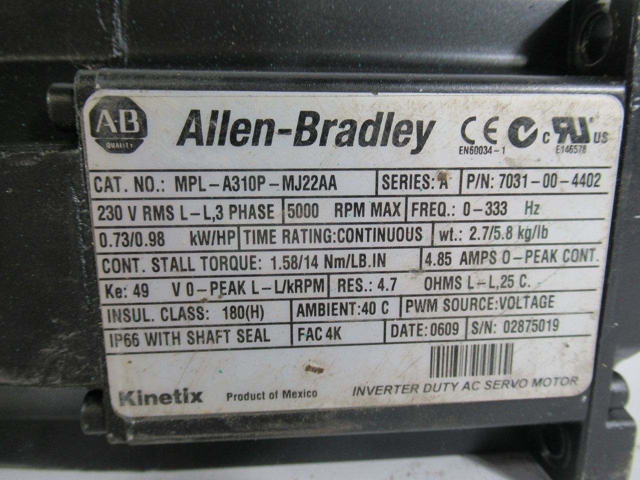 Allen-Bradley MPL-A310P-MJ22AA Servomotor 1.58Nm 5000RPM 230V USED