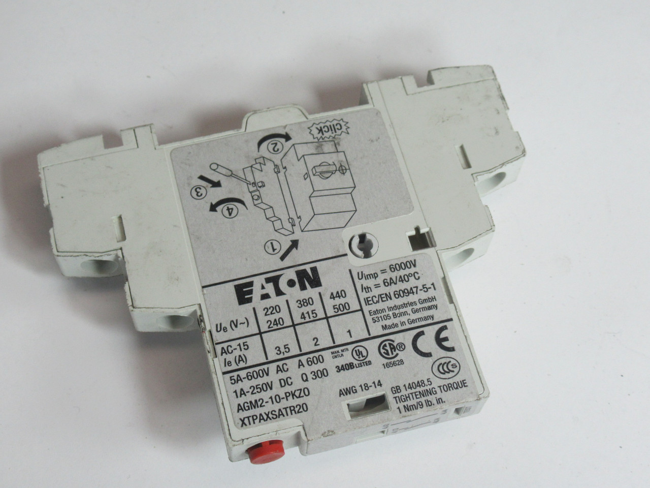 Eaton AGM2-01-PKZ0 Auxiliary Contact Block 5A 600VAC 1A 250VDC USED