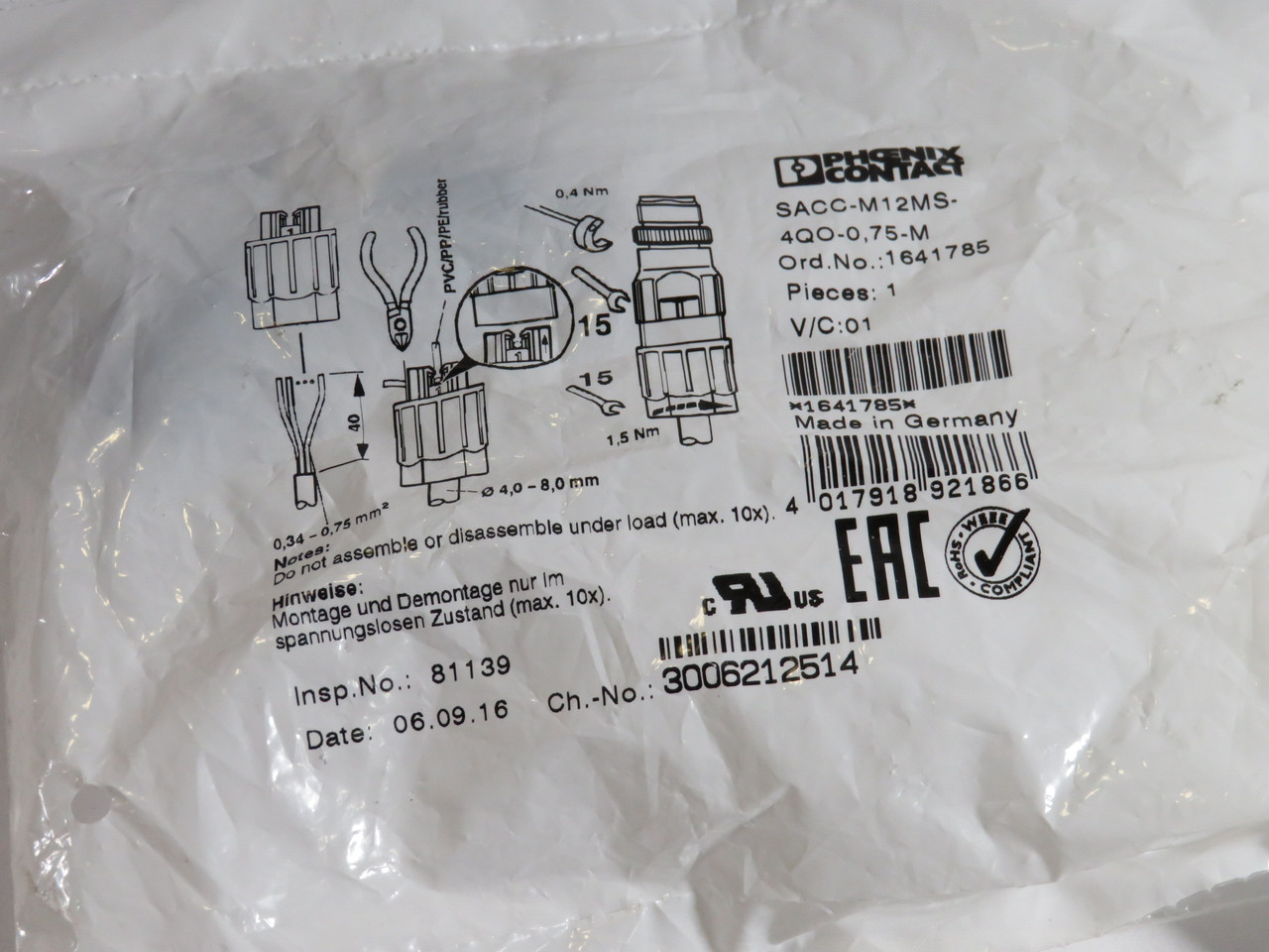 Phoenix Contact SACC-M12MS-4QO-0,75-M Sensor Connector 4-Position  NWB