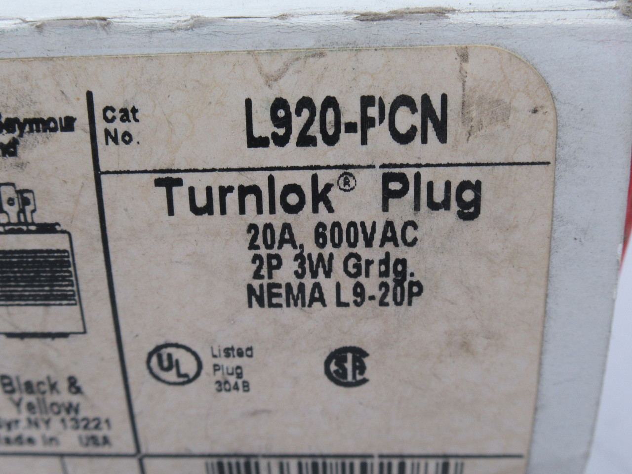 Pass & Seymour L920-PCN Yellow Face Turnlok Plug 20A 600VAC 3W 2P ! NEW !