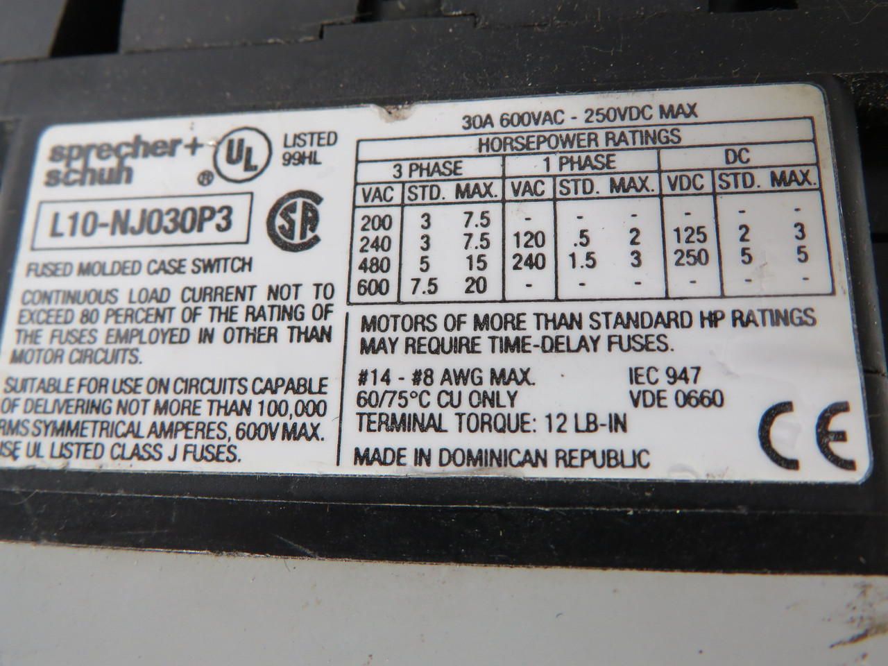 Sprecher Schuh L10-NJ030P3 Disconnect Rotary Switch W/ Handle 30A USED