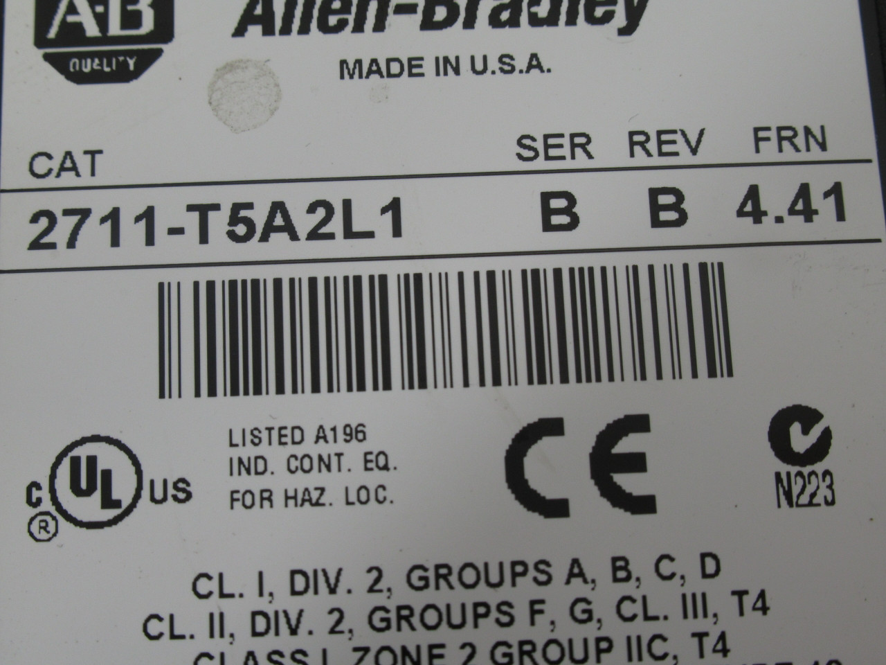 Allen-Bradley 2711-T5A2L1 Ser. B Rev.B FRN4.41 Panel *No Back Plate* USED