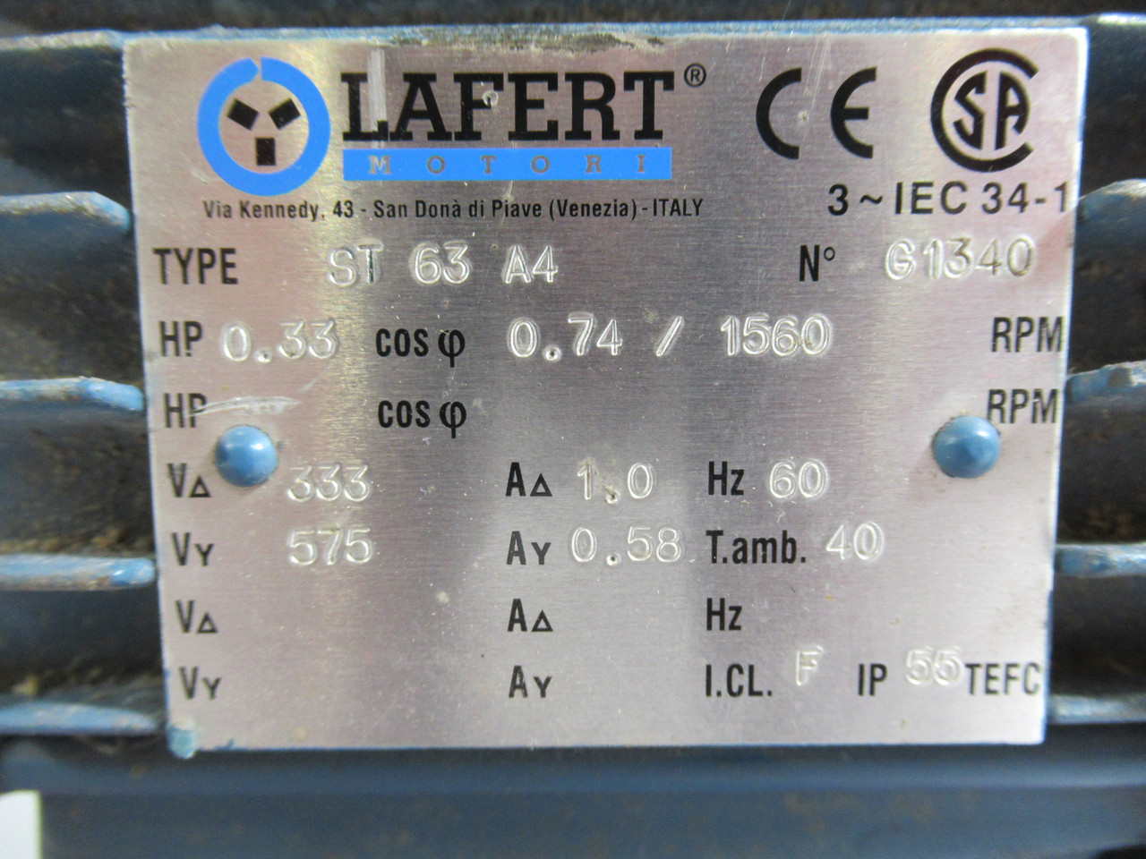 Lafert ST63A4 Motor 0.33HP 1560RPM 333V TEFC 3PH 1A 60Hz USED