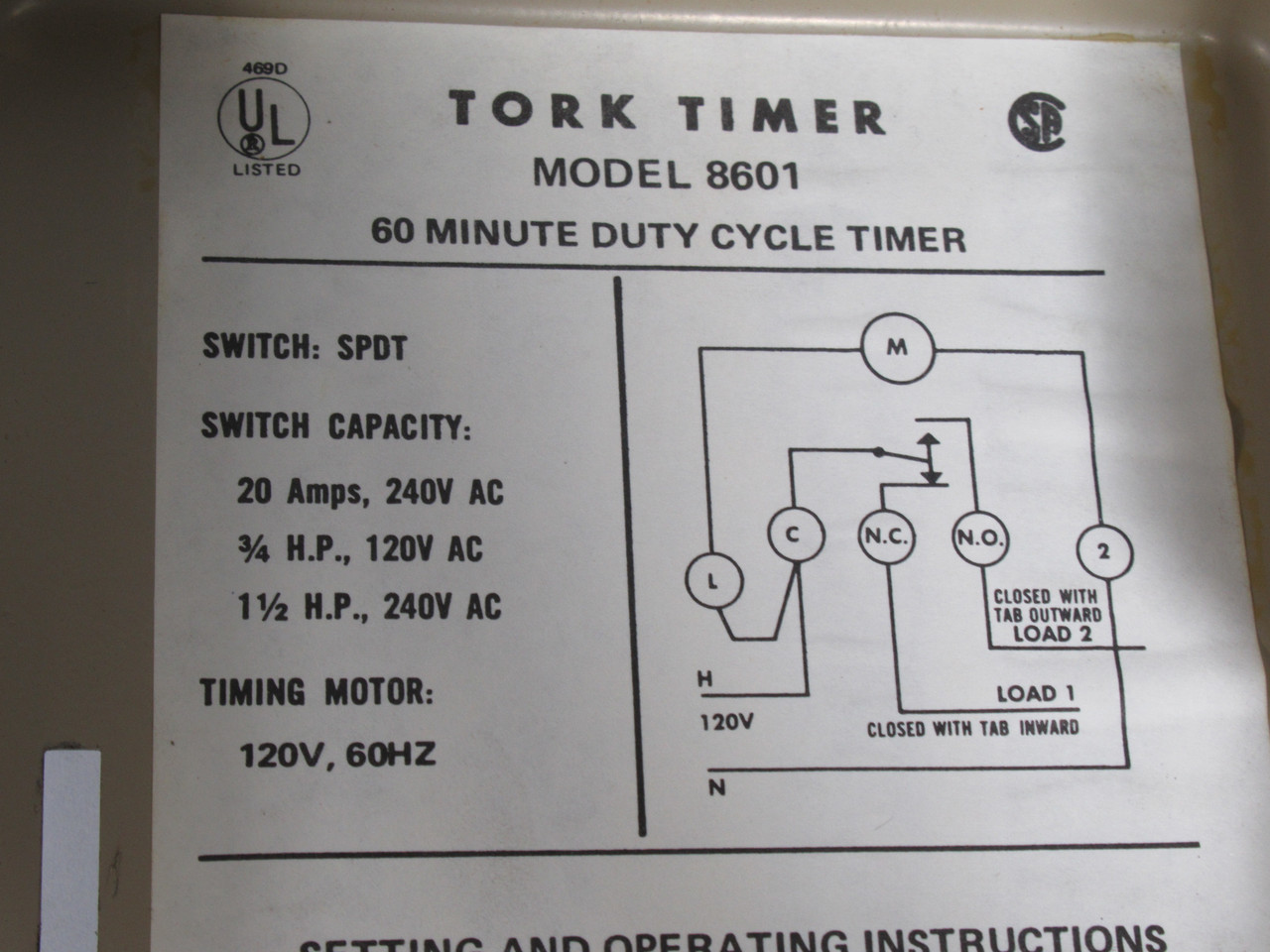 Tork 8601 Cycle Timer 60min SPDT 120V 60Hz ! NOP !