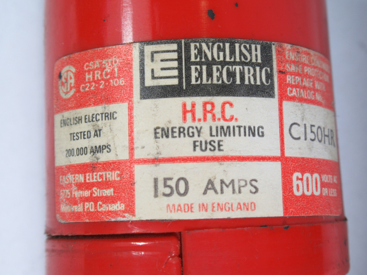 English Electric C150HR HRC Energy Limiting Fuse 150A 600VAC USED