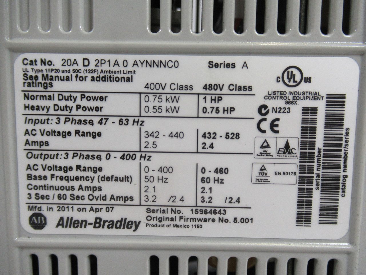 Allen-Bradley 20AD2P1A0AYNNNC0 Ser A PowerFlex 70 AC Drive w/ 20-HIM-A3 USED