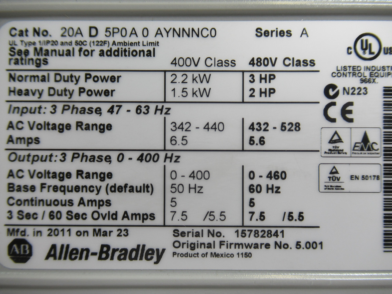 Allen-Bradley 20AD5P0A0AYNNNC0 Ser A PowerFlex 70 AC Drive w/ 20-HIM-A3 USED