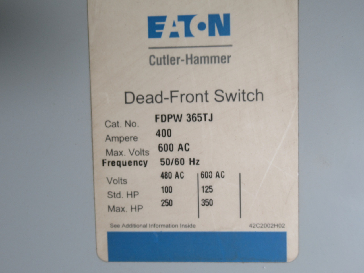 Eaton Cutler Hammer FDPW365TJ Dead-Front Panel Switch 400A 600VAC USED