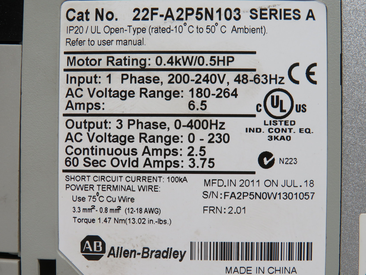 Allen-Bradley 22F-A2P5N103 Ser A PowerFlex AC Drive 3Ph 0.5HP 2.5A 400Hz USED