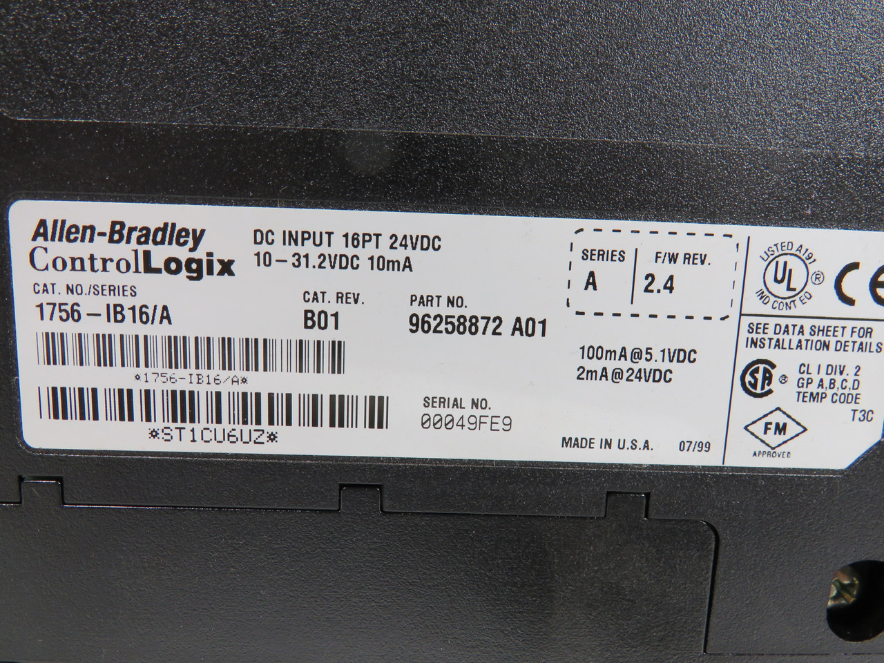 Allen-Bradley 1756-IB16 Ser. A Rev.B01 Input Module *No Door/Terminal* USED