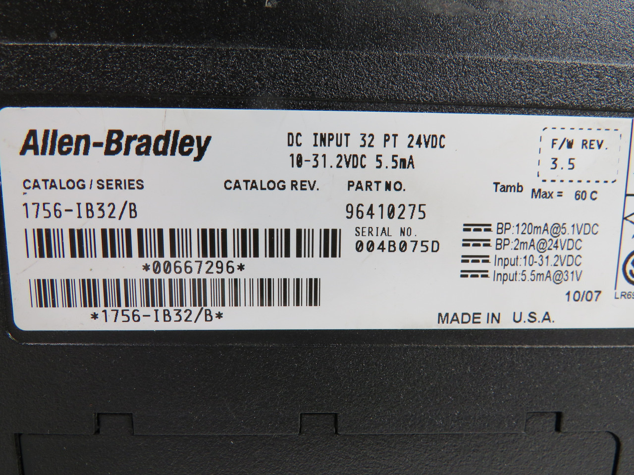 Allen-Bradley 1756-IB32 Ser. B F/W 3.5 DC Input Module 32PT NO TERMINAL USED