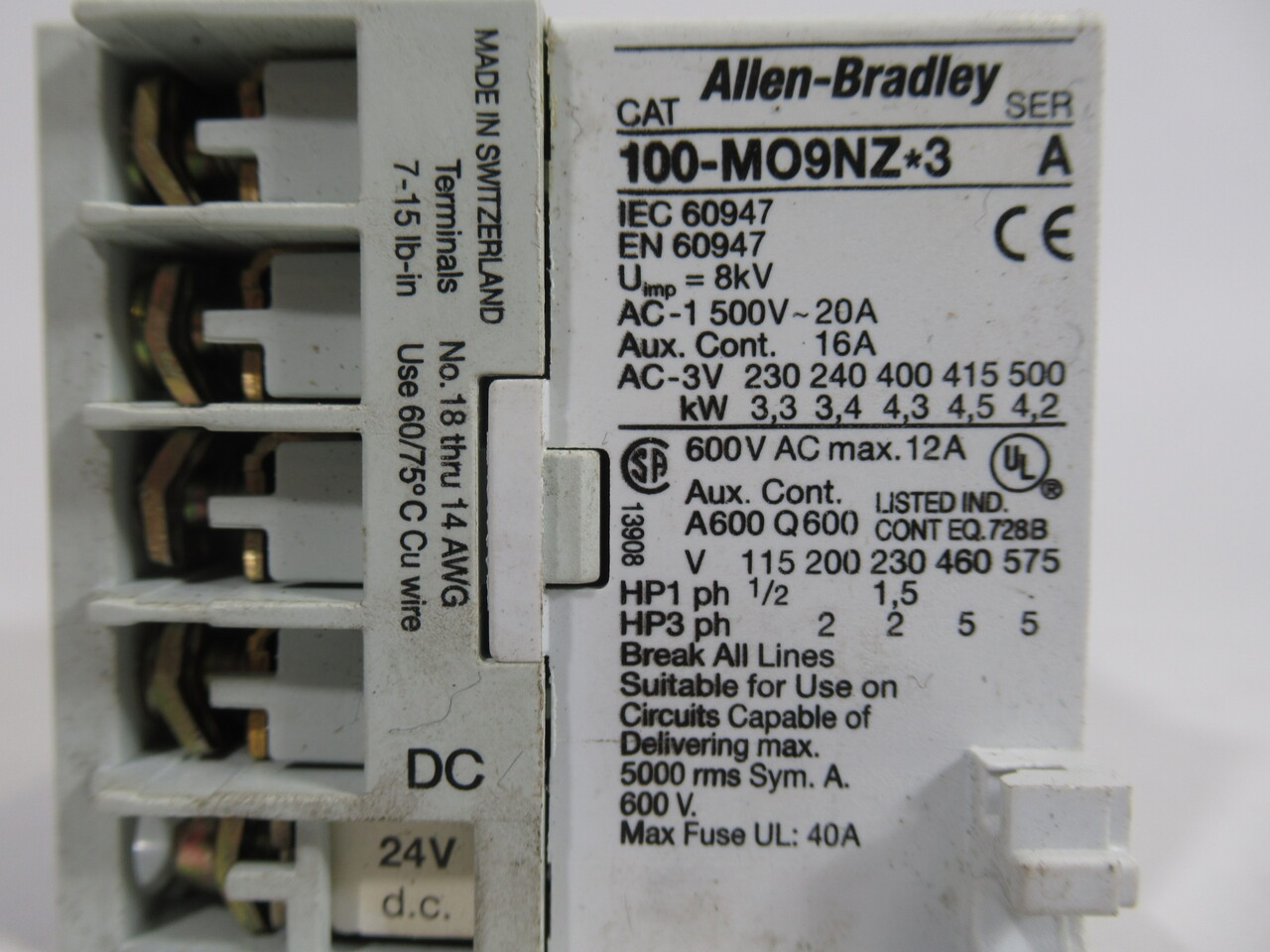 Allen-Bradley 100-M09NZ243 Contactor 24V 3-Pole 1NO 2-5HP USED