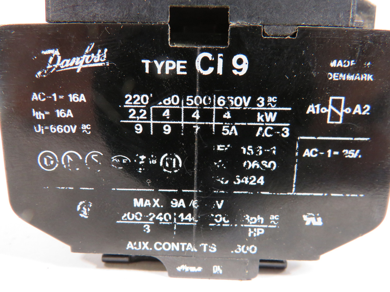 Danfoss 037H002132 CI 9 Contactor 16A 3-Pole 183/220V NO COVERS USED