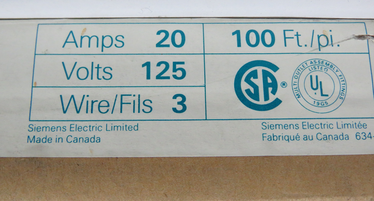 Siemens E3-100B Electrostrip 20A 125V 3-Wire 45' USED