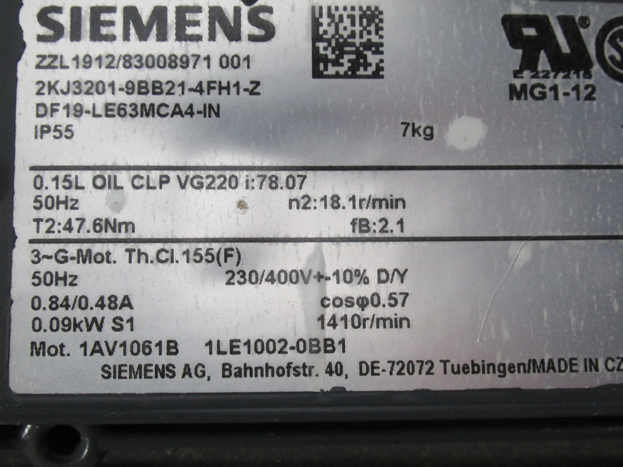 Siemens .09kW 1410rpm 230/400VAC TEFC 3Ph .84/.48A 50Hz 47.6Nm 78.07:1 USED