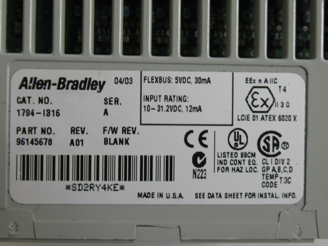 Allen-Bradley 1794-IB16 Ser A Flex I/O 24VDC Sink Input 96145678 Rev A01 USED
