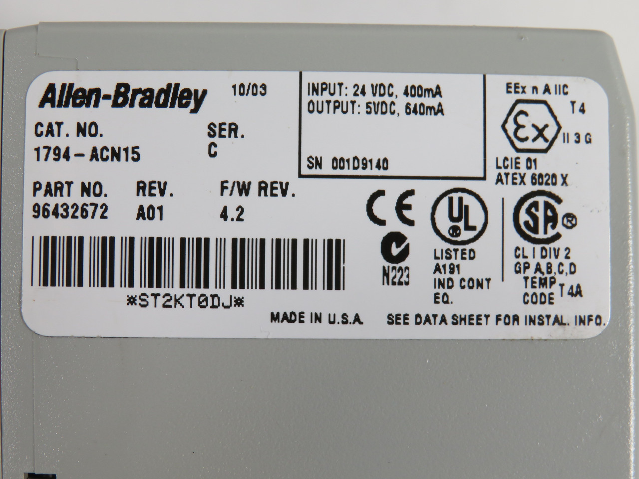 Allen-Bradley 1794-ACN15 FlexI/O ControlNet Adapter Ser C 96432672 A01 USED