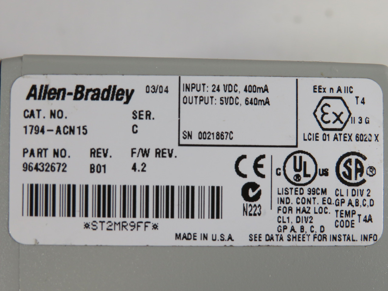 Allen-Bradley 1794-ACN15 FlexI/O ControlNet Adapter Ser C 96432672 B01 USED