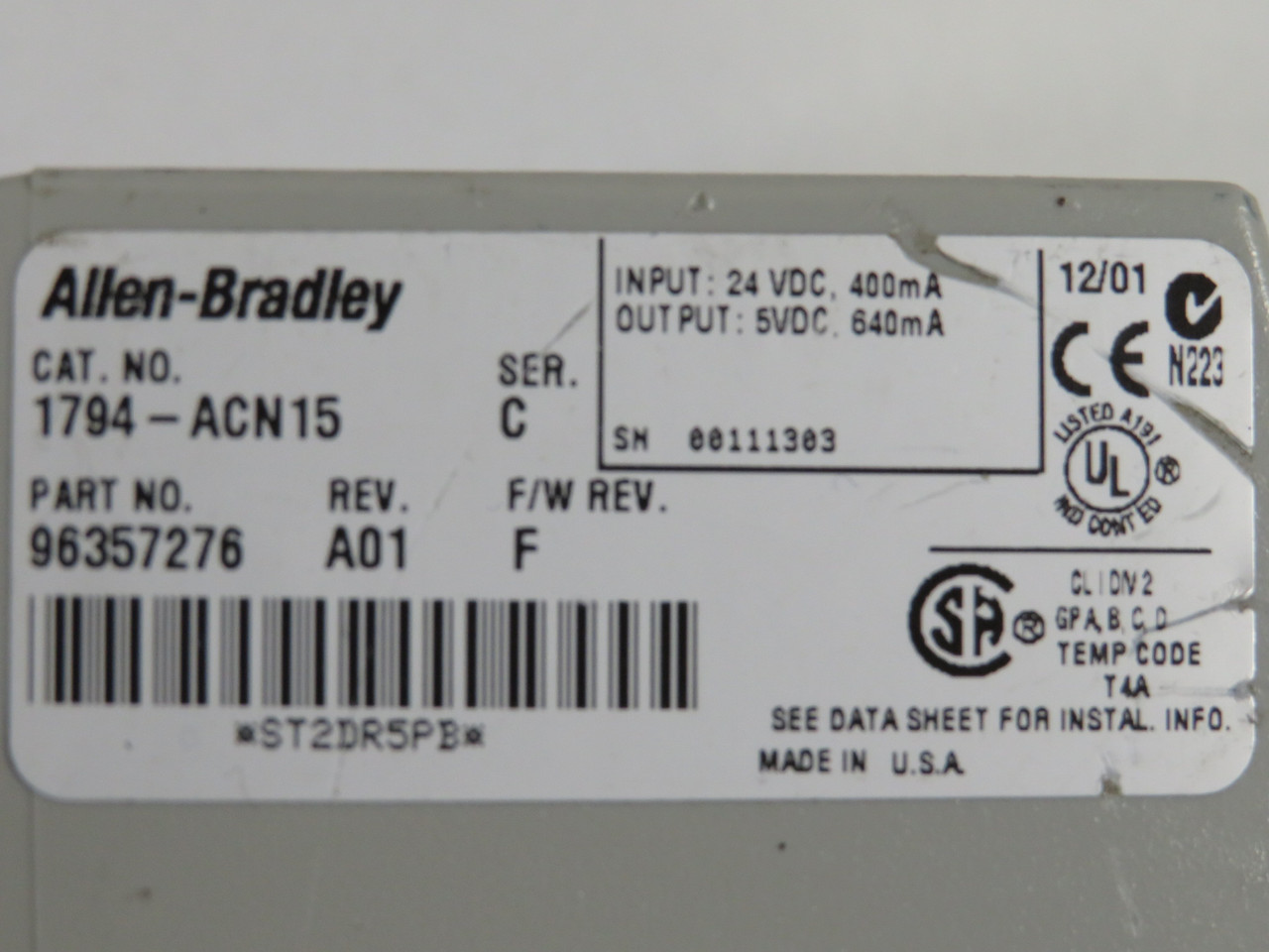 Allen-Bradley 1794-ACN15 FlexI/O ControlNet Adapter Ser C 96357276 USED