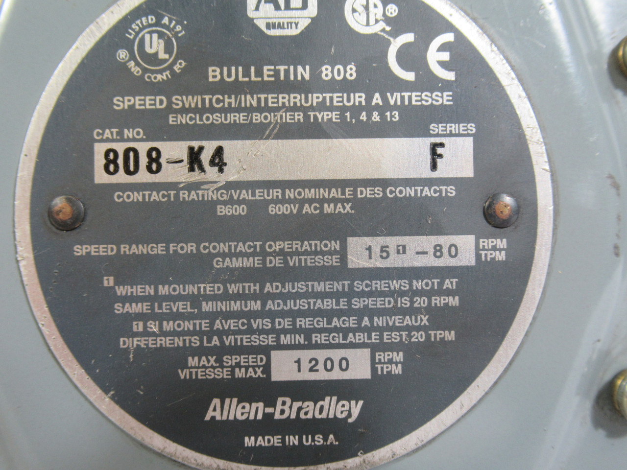 Allen-Bradley 808-K4 Series F Speed Switch Style K 15-18rpm *Damage* USED