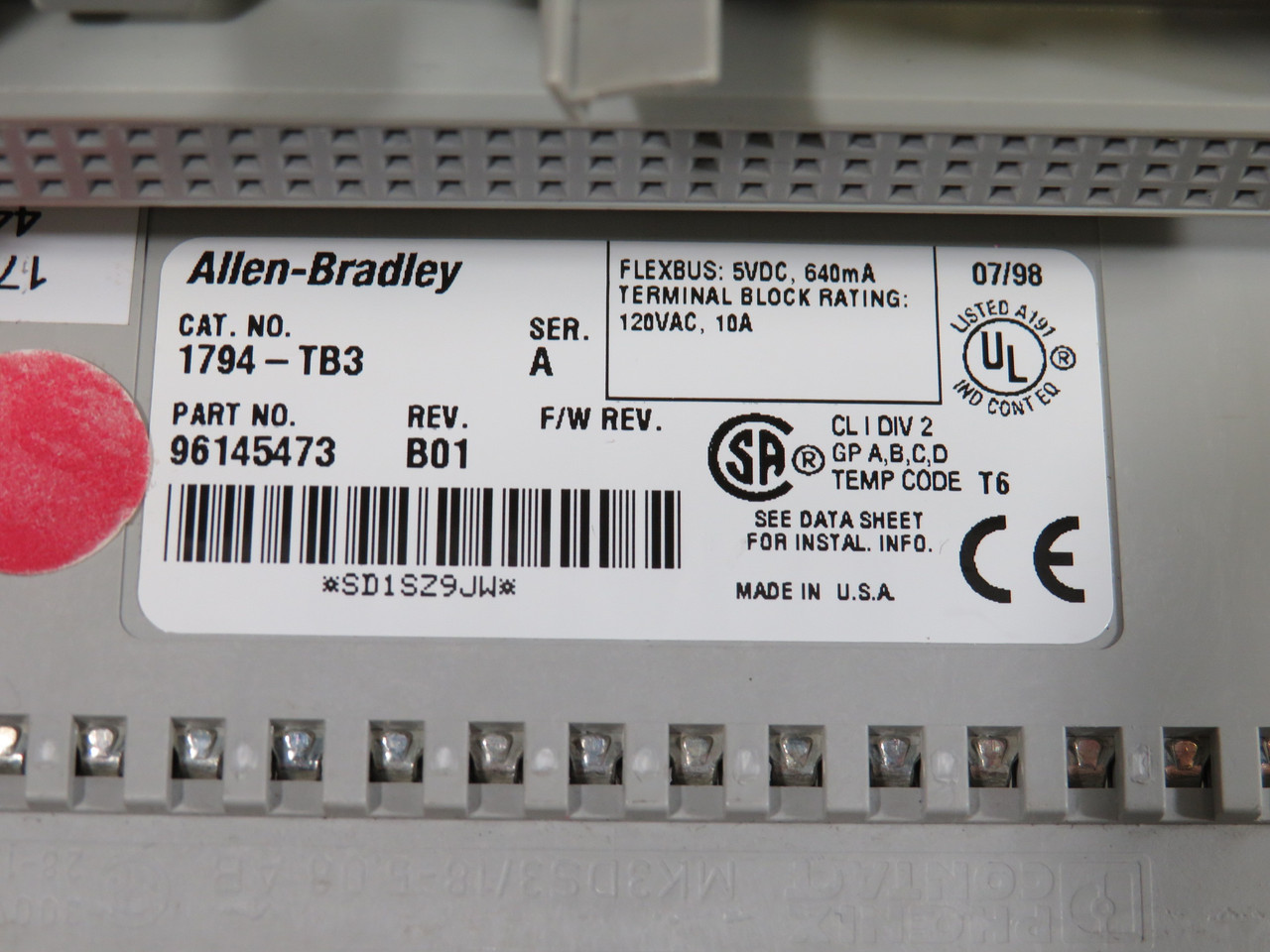 Allen-Bradley 1794-TB3 Ser A Flex I/O Terminal Base 96145473 Rev B01 USED