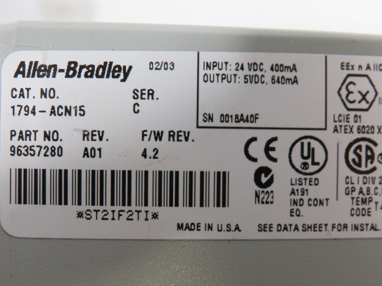 Allen-Bradley 1794-ACN15 Ser C FlexI/O ControlNet Adapter 96357280 USED