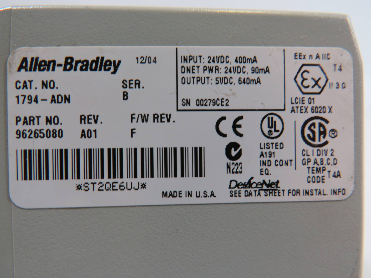 Allen-Bradley1794-ADN Ser B I/O 24VDC Adapter 9626580 Rev A01 F/W F USED