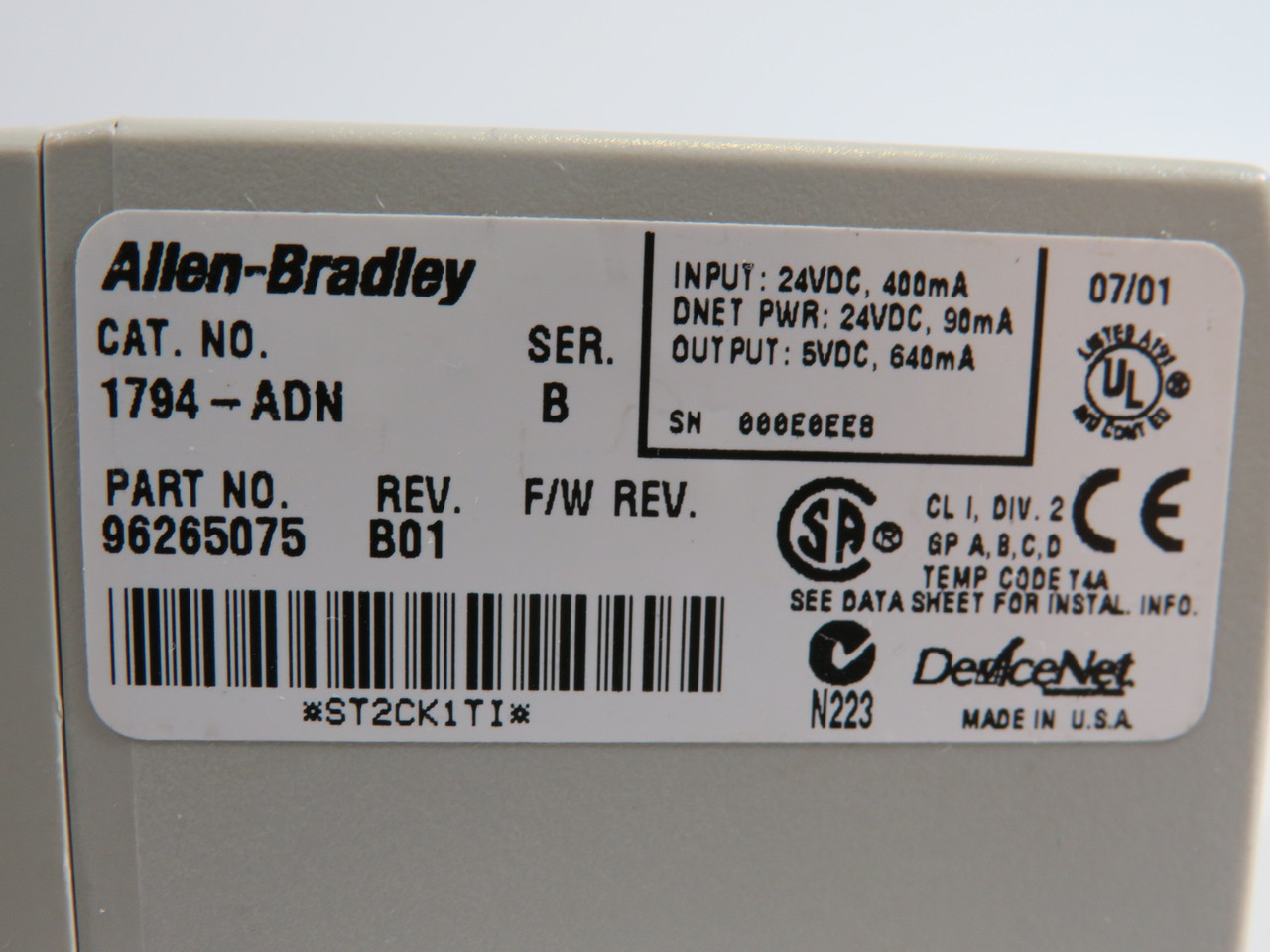 Allen-Bradley1794-ADN Ser B  Flex I/O 24VDC Adapter 96265075 Rev B01 USED