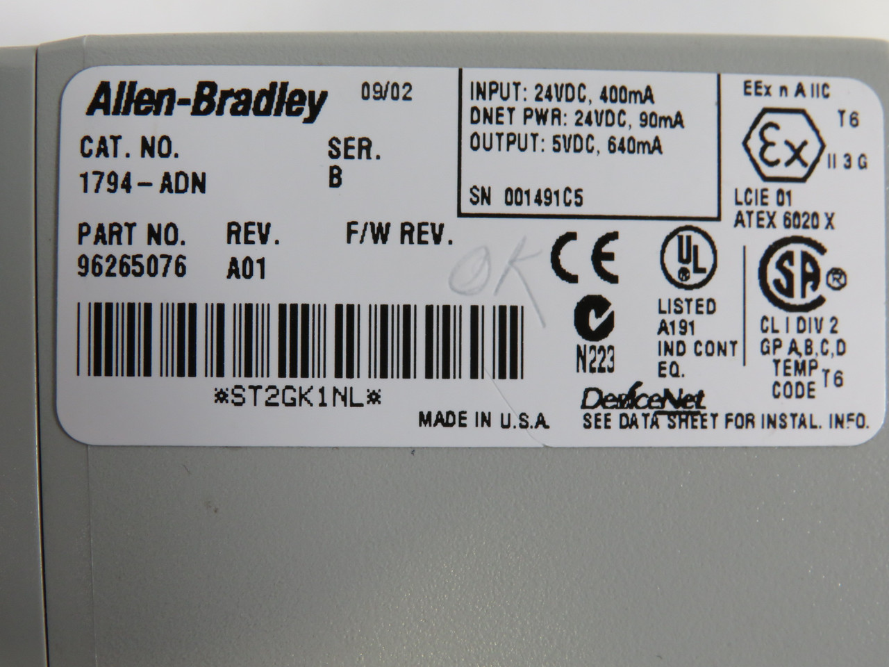 Allen-Bradley 1794-ADN Ser B Flex I/O 24VDC Adapter 96265076  Rev A01 USED