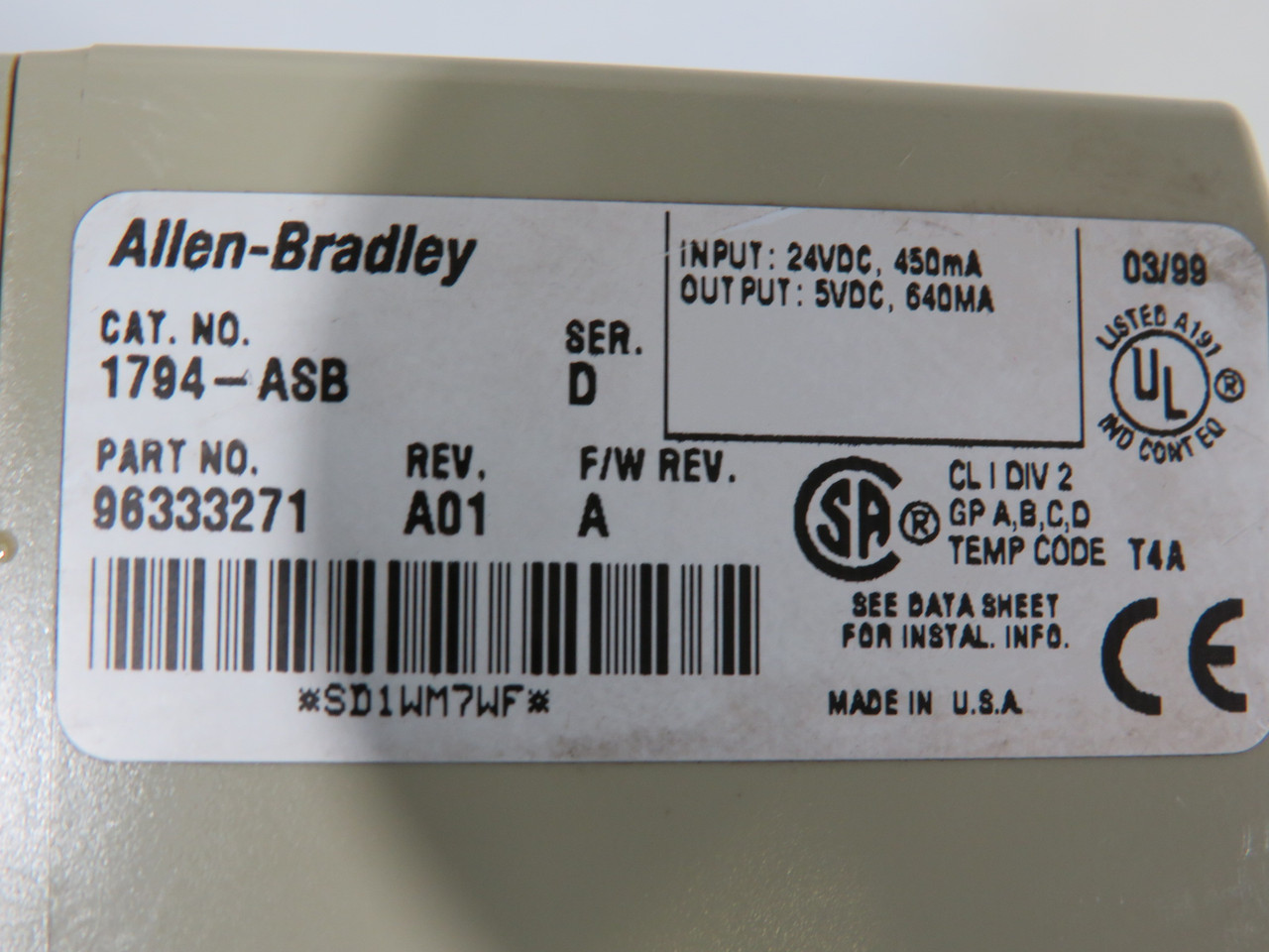 Allen-Bradley 1794-ASB Ser D Flex I/O 24VDC Adapter 98333271 Rev A01 USED