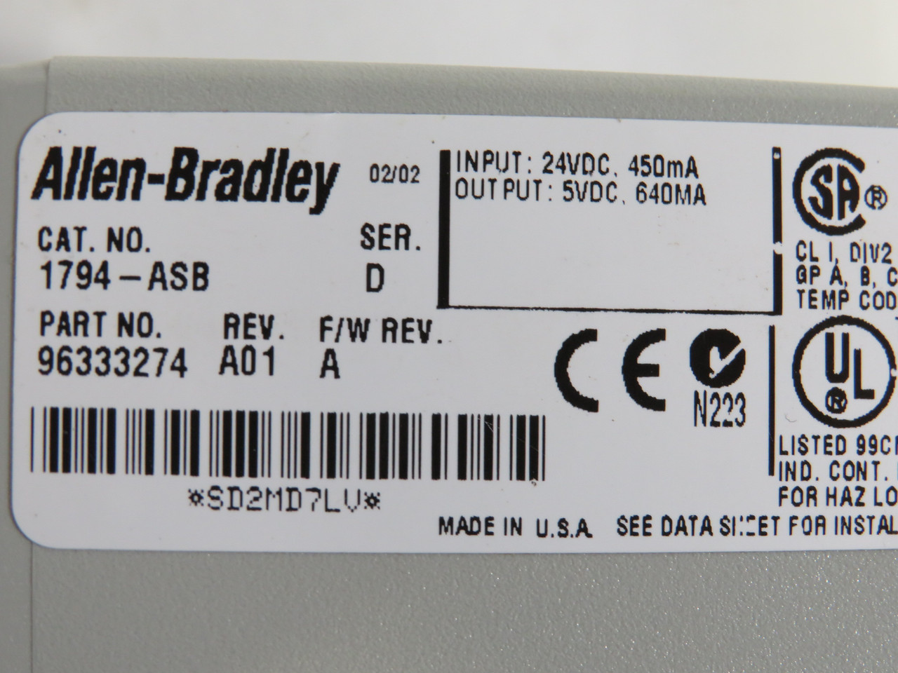 Allen-Bradley1794-ASB Ser D Flex I/O 24VDC Adapter 96333274 Rev A01 USED