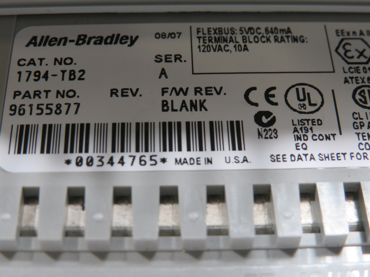 Allen-Bradley 1794-TB2 Ser A Flex I/O Terminal Base 5VDC 640mA USED