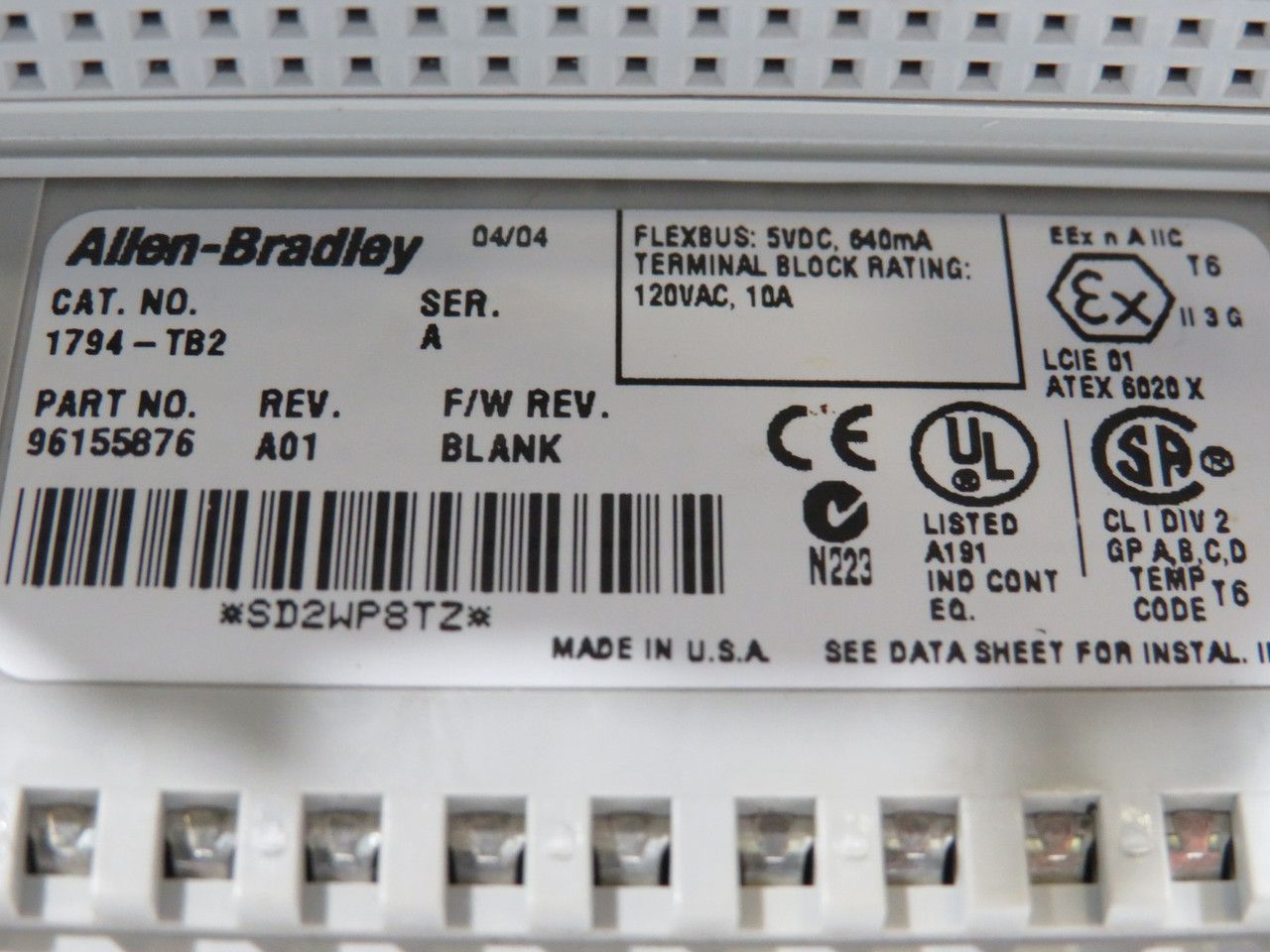 Allen-Bradley 1794-TB2 Ser A Flex I/O Terminal Base 96155876 USED