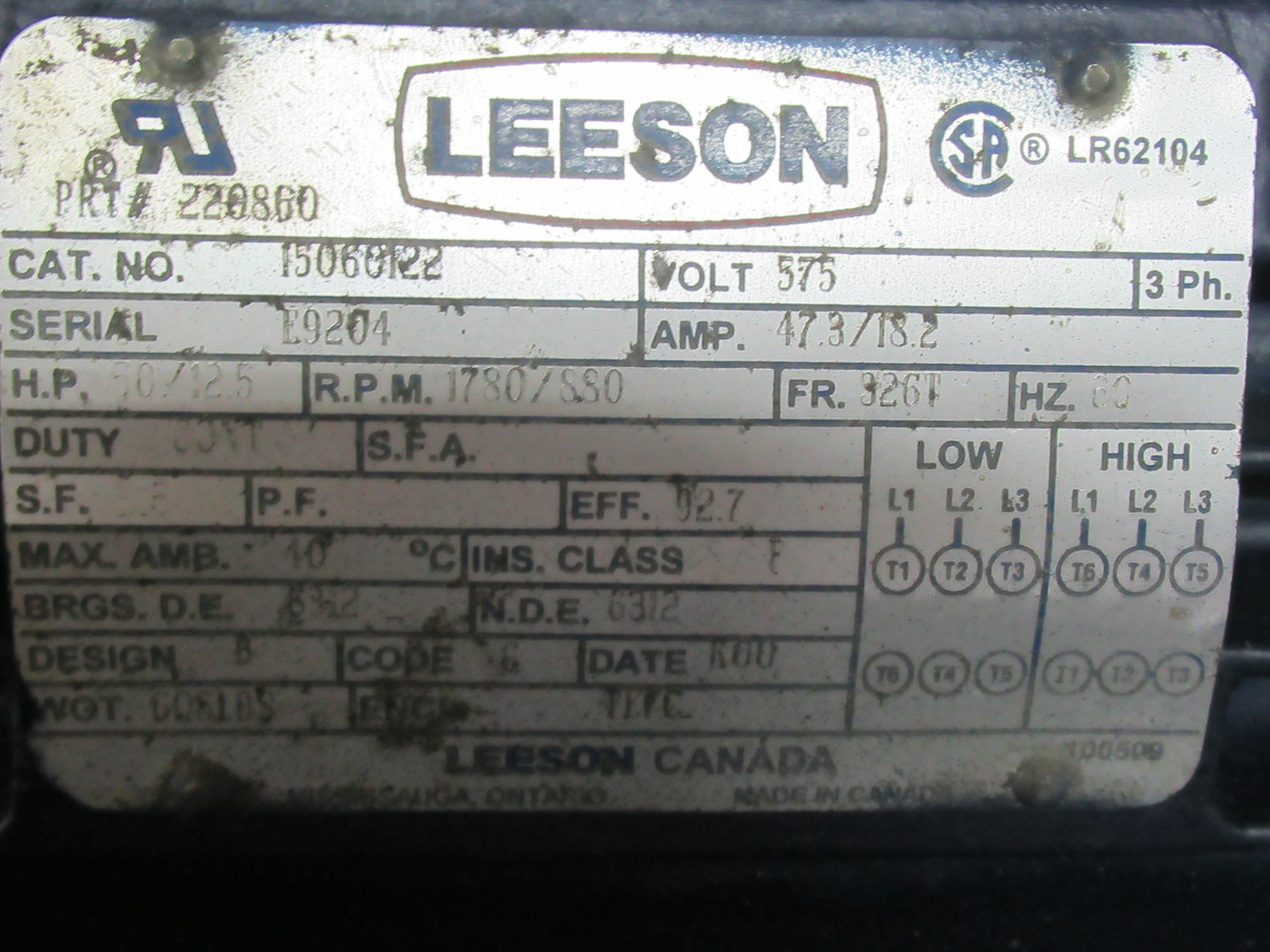 Leeson 50/12.5HP 1780/880RPM 575V 326T TEFC 3Ph 47.3/18.2A 60Hz ! RFB !