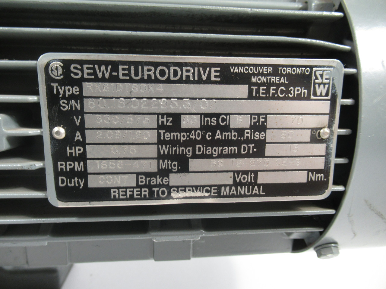 Sew-Eurodrive 0.75HP 1656-471RPM 330/575V TEFC C/W Reducer 3.61:1 Ratio USED