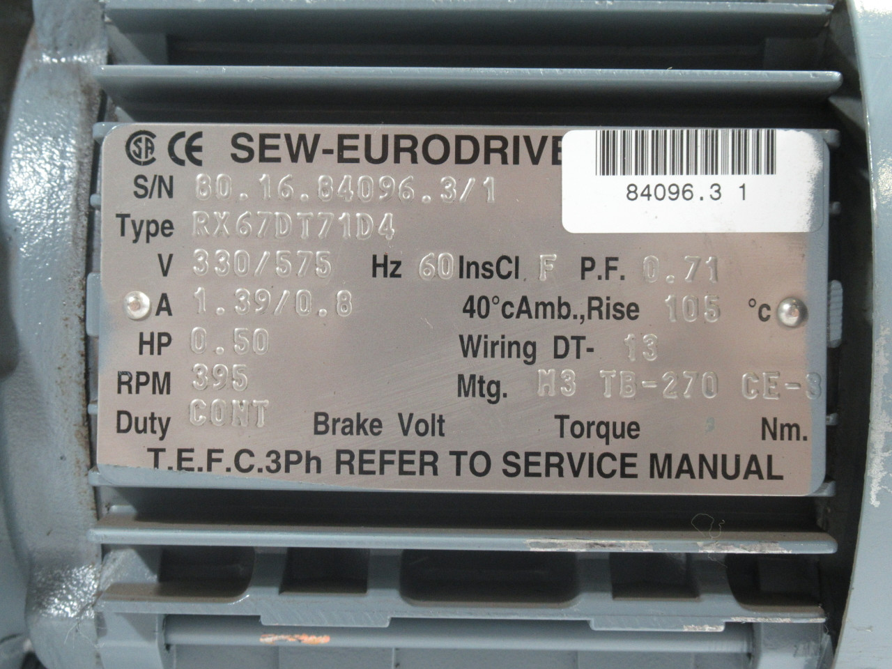 Sew-Eurodrive 0.5HP 395RPM 330/575V TEFC C/W Gear Reducer 4.3:1 Ratio USED