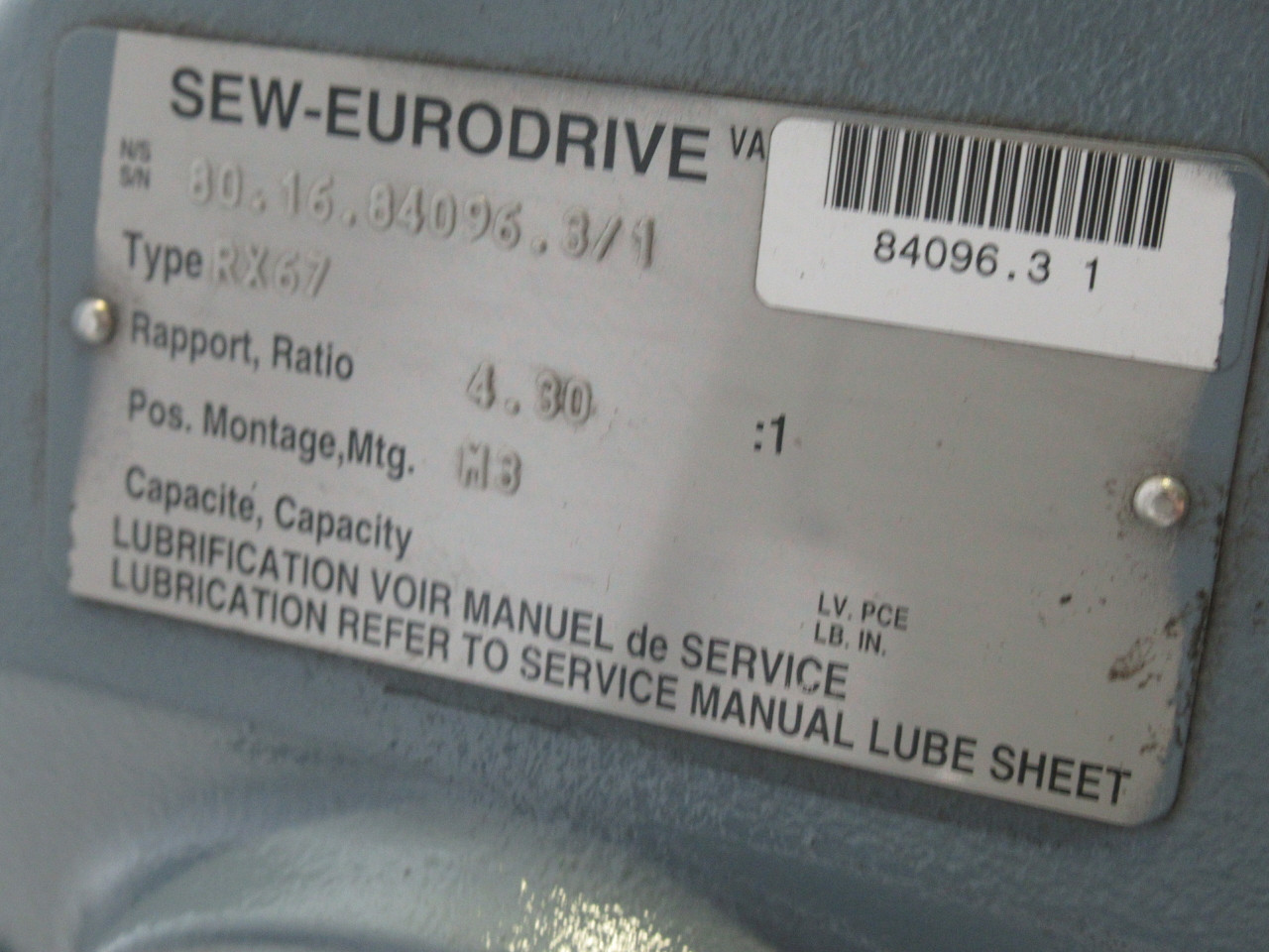 Sew-Eurodrive 0.5HP 395RPM 330/575V TEFC C/W Gear Reducer 4.3:1 Ratio USED