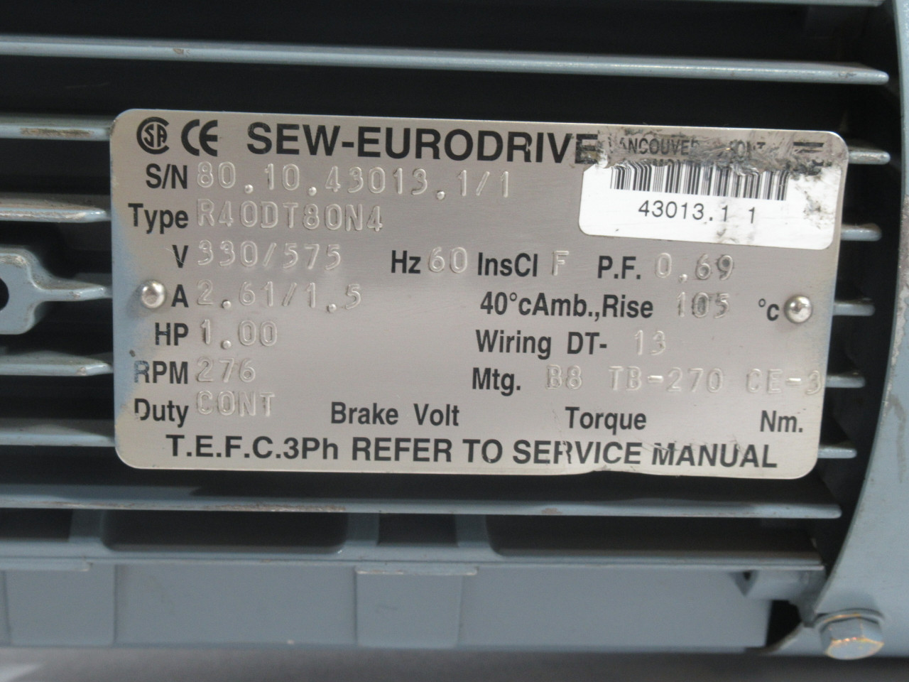 Sew-Eurodrive 1HP 276RPM 330/575V TEFC C/W Gear Reducer 6.17:1 Ratio USED