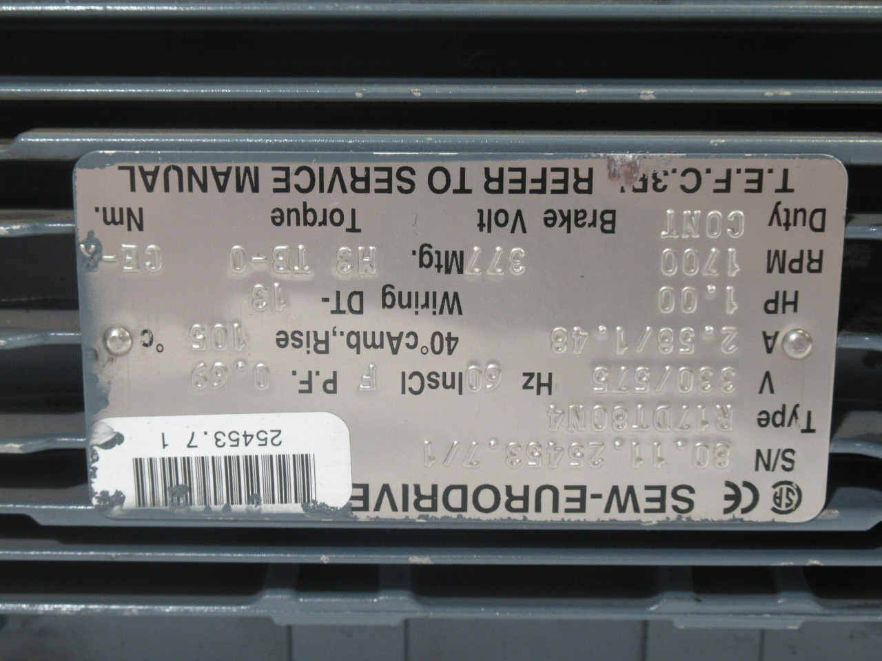 Sew-Eurodrive 1.0HP 1700RPM 330/575V TEFC C/W Gear Reducer Ratio Unknown USED