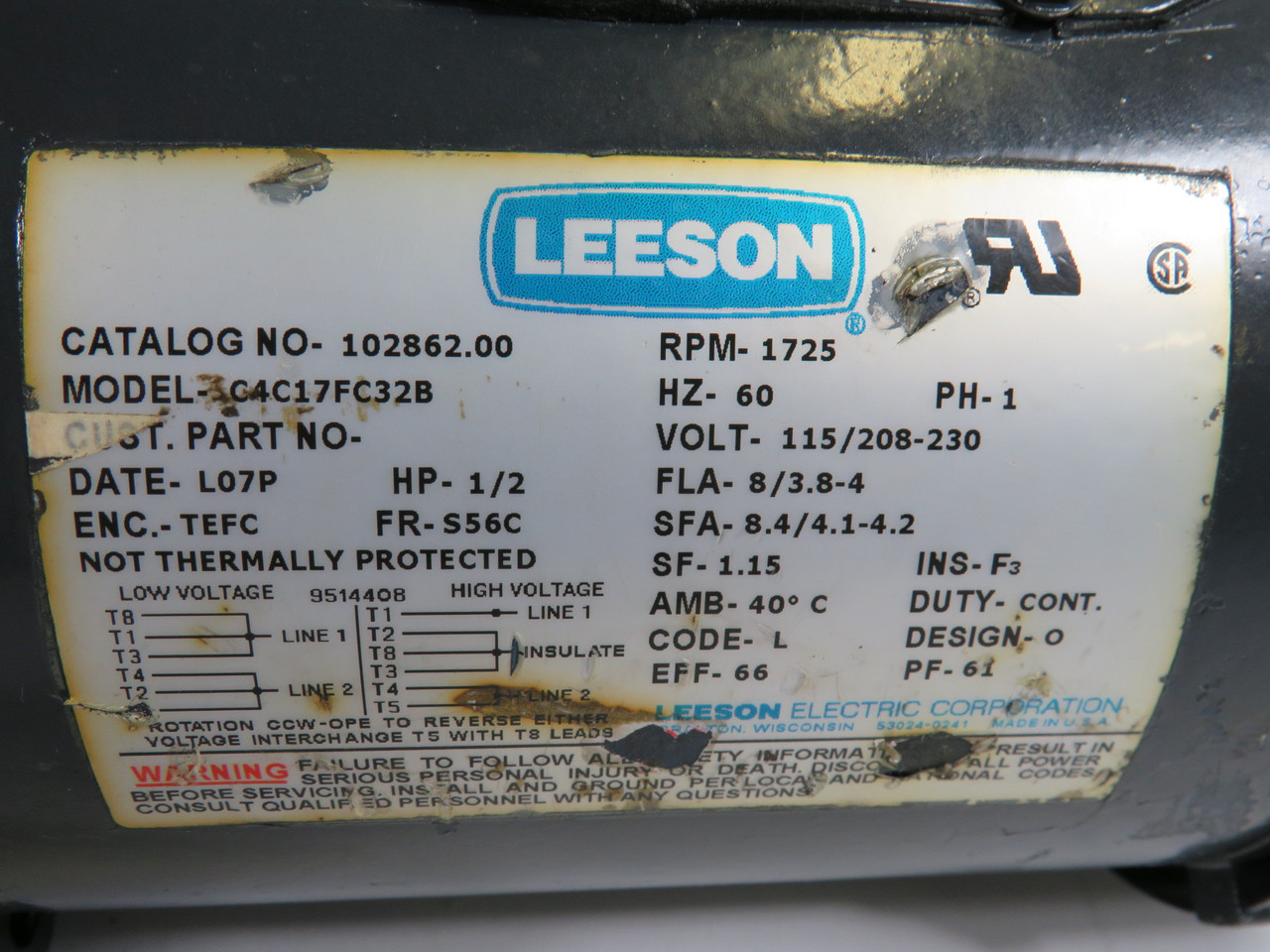 Leeson 1/2HP 1725RPM 115/208-230V S56C TEFC C/W Reducer 30:1 Ratio USED