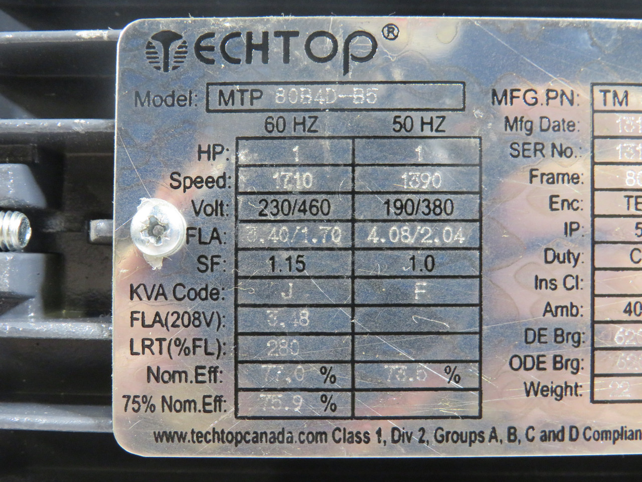Techtop 1HP 1710RPM 230/460V 80 TEFC 3.40/1.70A 60Hz USED