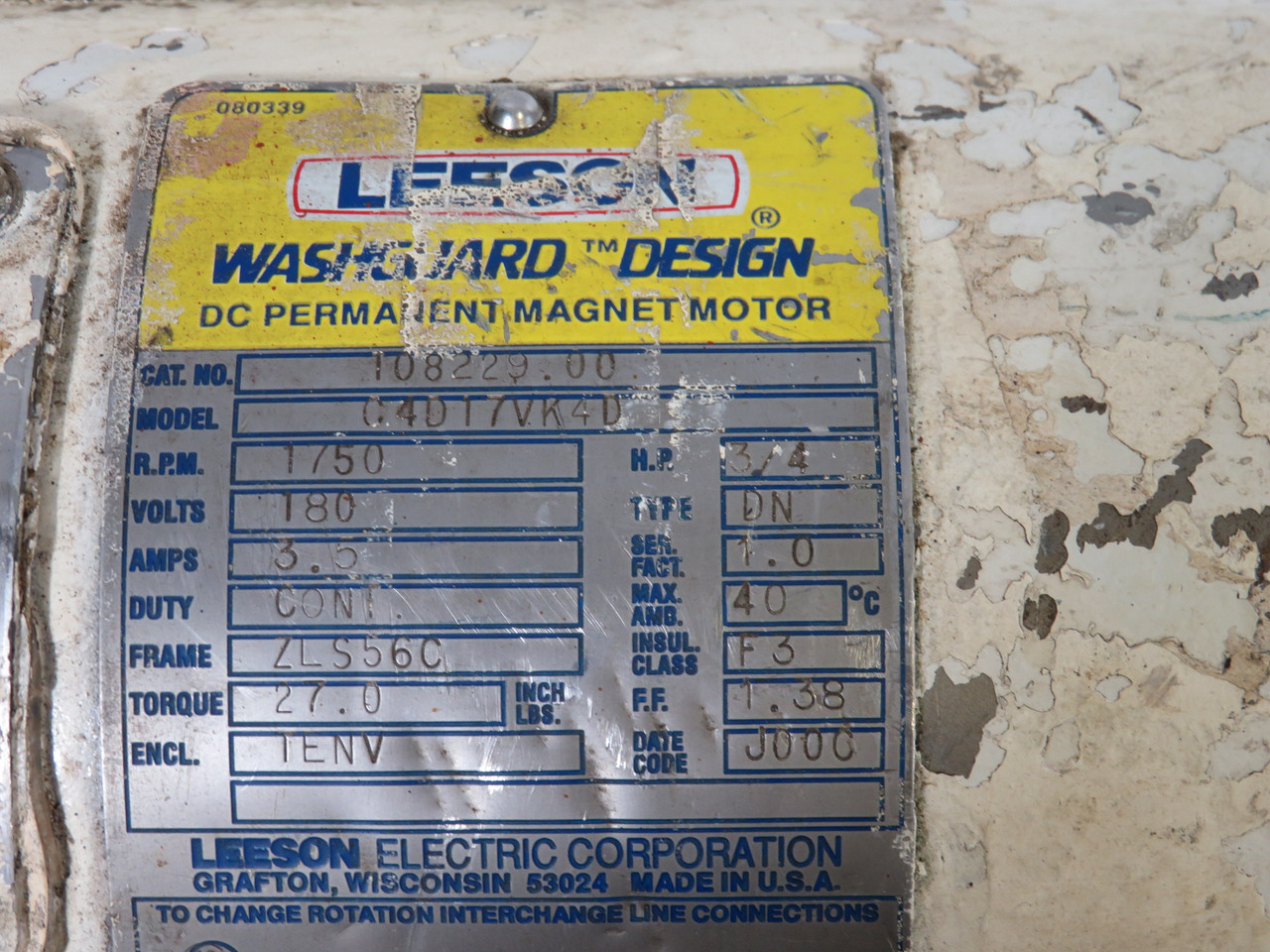 Leeson 27.0Lbs-In 3/4HP 1750RPM 180V ZLS56C C/W Reducer UNKNOWN RATIO USED