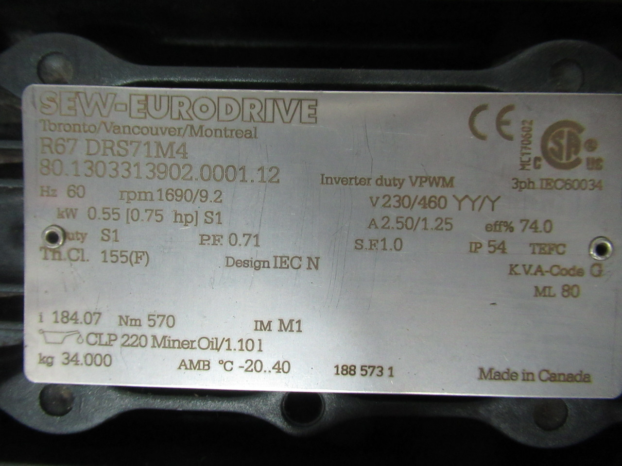 Sew-Eurodrive 0.75 HP 1690/9.2RPM C/W Gear Reducer 184.07:1 Ratio USED