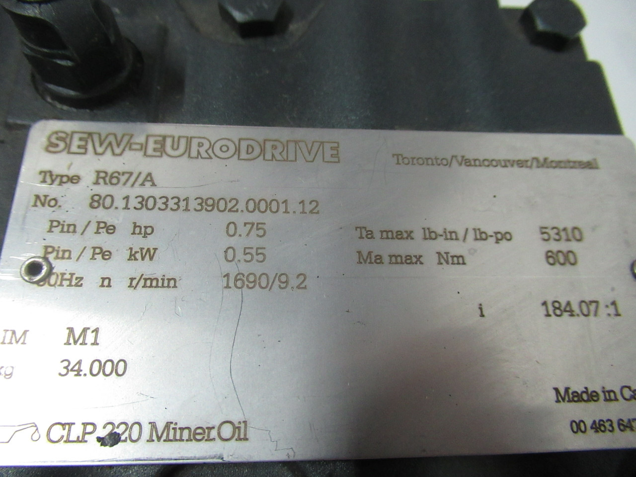 Sew-Eurodrive 0.75 HP 1690/9.2RPM C/W Gear Reducer 184.07:1 Ratio USED