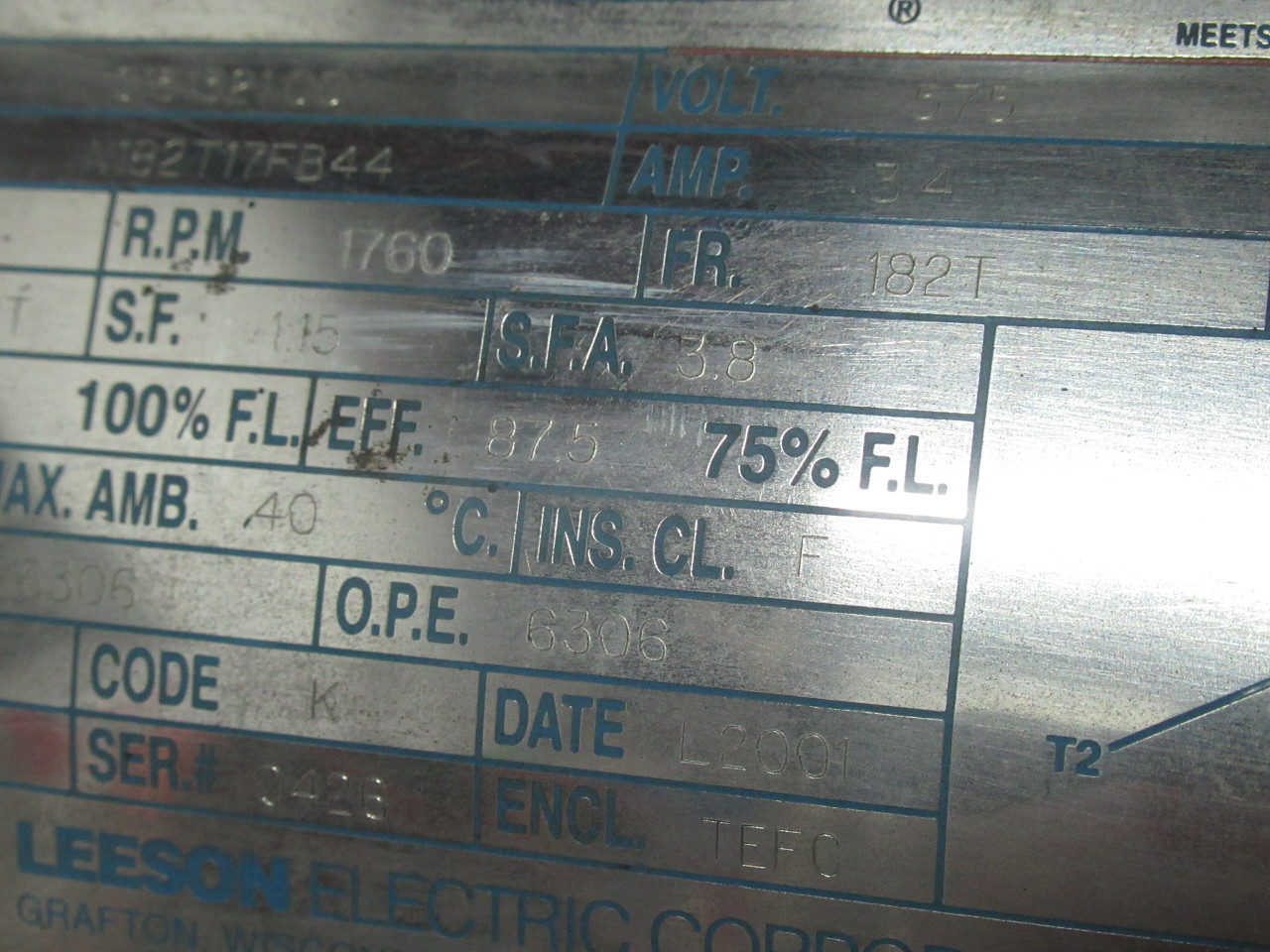 Leeson 3HP 1760 RPM 575V 182T TEFC 3Ph 3.4A 60Hz *Damage* USED